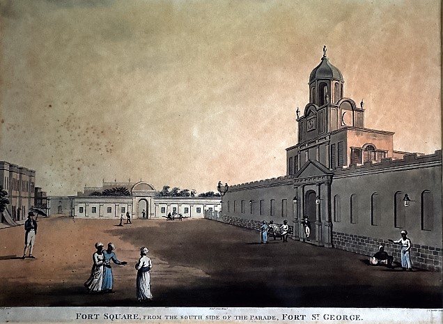 aquatint of the Fort Square inside Fort St. George by Thomas Daniell,