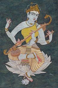 Saraswati on Dark Green Ground